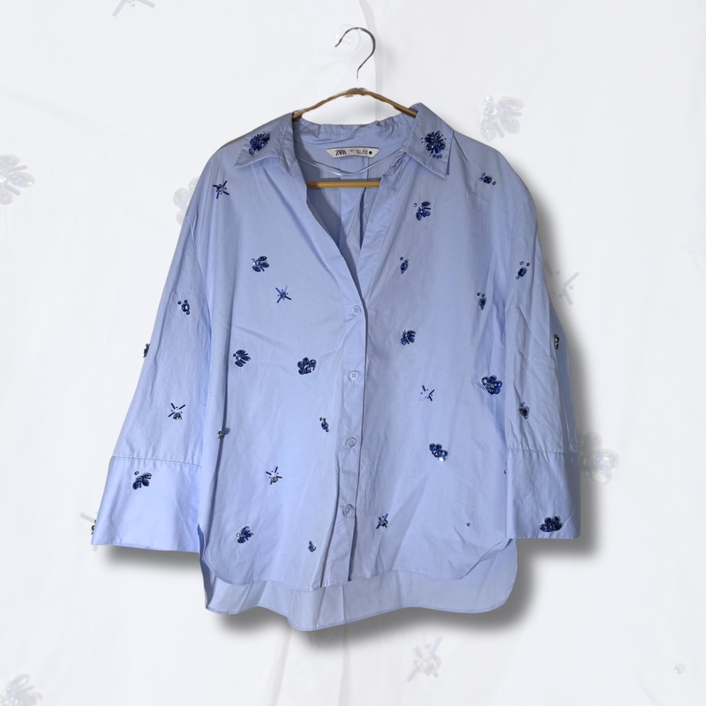 ✨ ZARA Blue Floral Embroidered & Sequin Button-Down Shirt